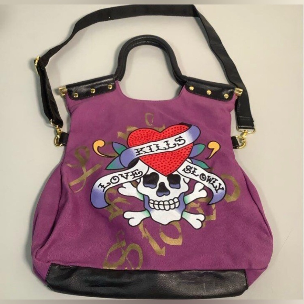 Vintage Ed Hardy Y2K Love Kills Slowly Heart, Skull & Roses Brass Handled Purse